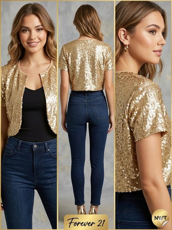 Forever 21 Sweaters - NEW Forever 21 Gold Sequin Shrug Bolero Short Sleeve Cropped - Size Medium